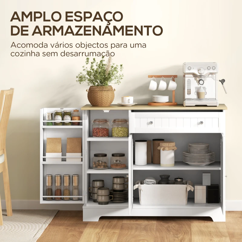 HOMCOM Aparador de Cozinha Armário de Cozinha com Gaveta Portas Magnéticas Prateleiras Ajustáveis 105x40x83 cm Branco e Madeira