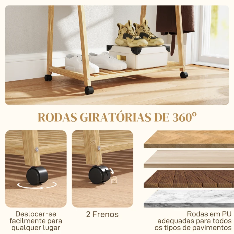 HOMCOM Charriot de Bambu para Roupa Charriot para Roupa com Rodas 2 Prateleiras Abertas e 2 Ganchos 84,5x43,5x158 cm Madeira