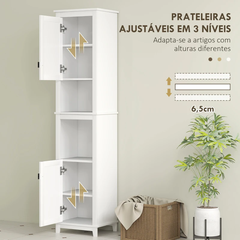 HOMCOM Coluna Casa de Banho com Prateleira Ajustável 2 Portas em Vime e 2 Compartimentos Estilo Boho 40x30x167,5 cm Branco