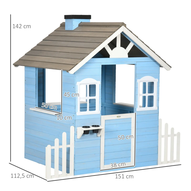 Outsunny Spielhaus für Kinder Blockhaus aus Holz mit Tür und Fenstern von 3 bis 7 Jahren Maße 151L x 112,5B x 142H cm blau