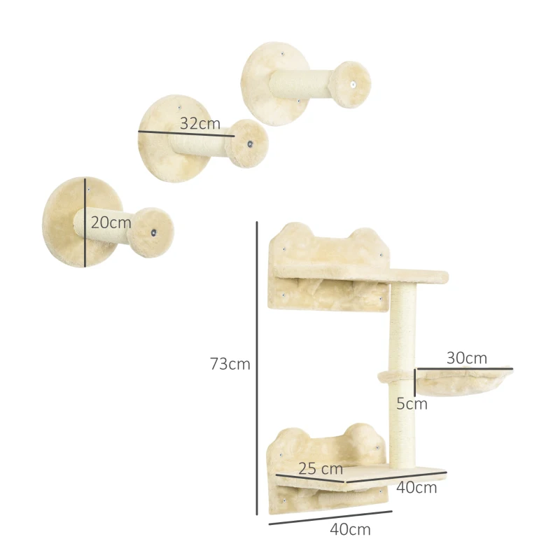 PawHut Marches d'escalade pour chats, mur d'escalade, escalier pour chats, ensemble 4 pièces, avec arbre à gratter, hamac, beige + blanc crème, 40 x 28 x 73cm