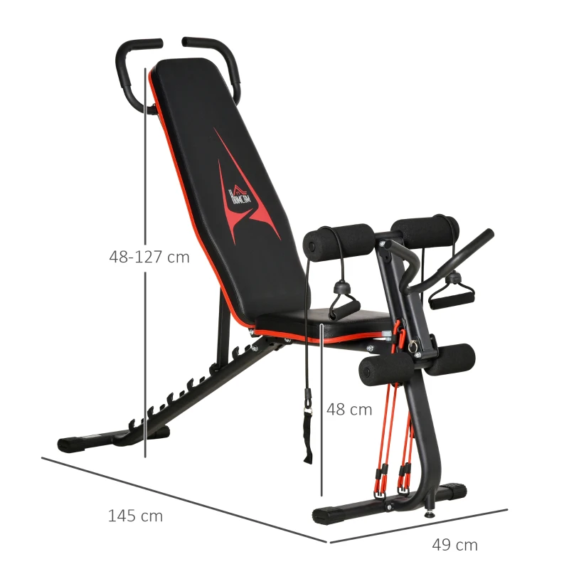 HOMCOM Banc de Musculation Banc d'Entraînement Ajustable avec Cordes élastiques Banc de Sit-Up pour Entraînement à Domicile 6 Positions d'Inclinaison Poids jusqu'à 150 kg Acier Simili Cuir Noir+Rouge 145 x 49 x 48-127 cm
