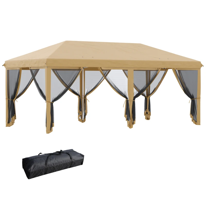 Outsunny Pavillon Faltpavillon 6 x 3 m Pop-up Abnehmbare Moskitonetze + Transporttasche Beige Schwarz