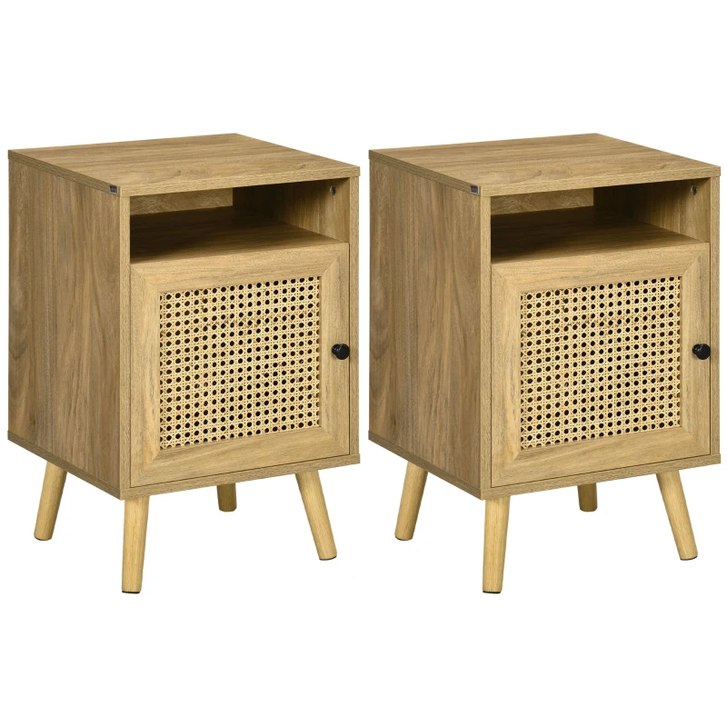 HOMCOM Nachttisch Nachtschrank mit Schrank Tür Rattan Flechtwerk und Fach Vintage Design 39 x 35 x 60 cm Natur