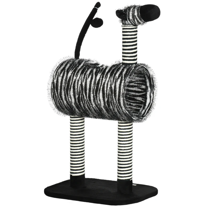 PawHut Kratzbaum au Design Zébré, 1 Tunnel pour chat, 3 Poteaux à griffer 48,5 cm x 35 cm x 93 cm, Noir + Blanc