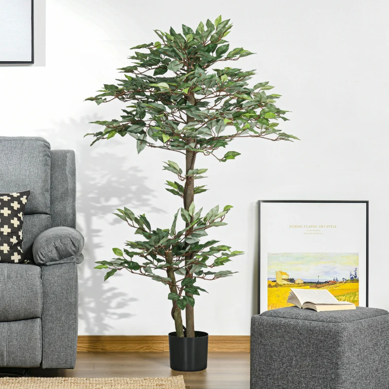 Outsunny Künstlicher Baum Künstliche Pflanze Ficus Höhe 1,5 m Stamm Ranken Moosflechten-Imitatblätter Großer Realismus Topf Inklusive