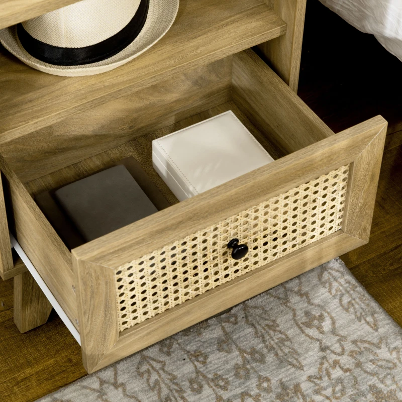 HOMCOM Nachttisch Nachtschränkchen mit Schublade Rattanfront und Fach Vintage 45 x 39 x 56,5 cm