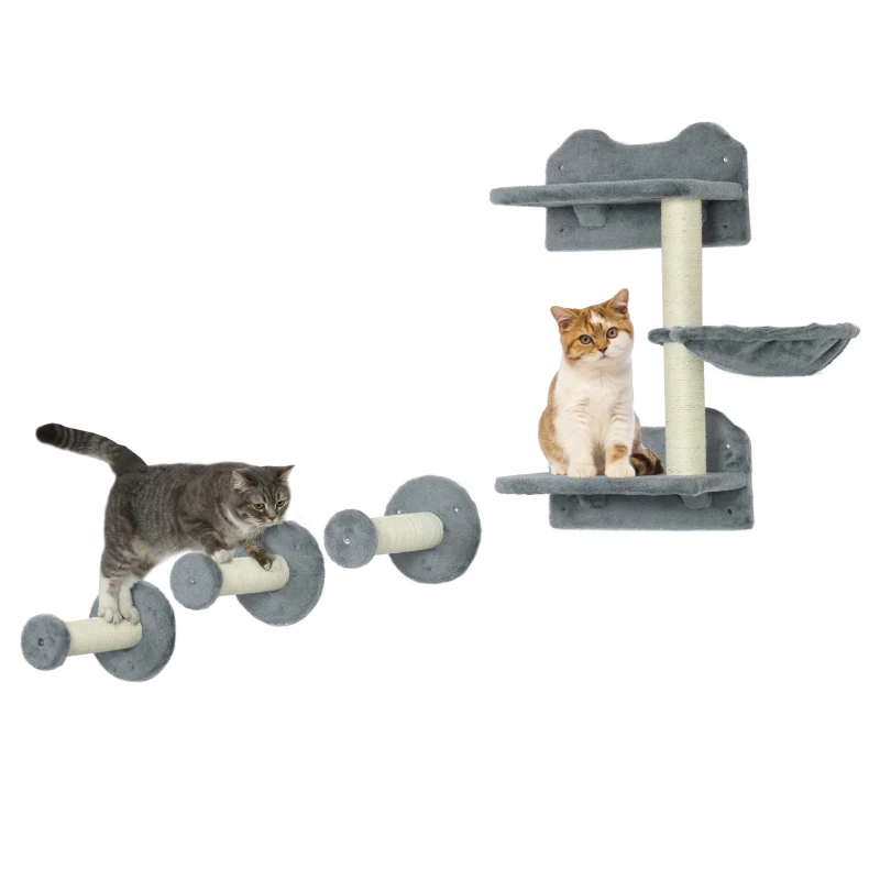 PawHut Marches d'escalade, mur d'escalade, échelle pour chats, ensemble de 4 pièces, avec arbre à chat, hamac, gris+crème, 40 x 28 x 73cm