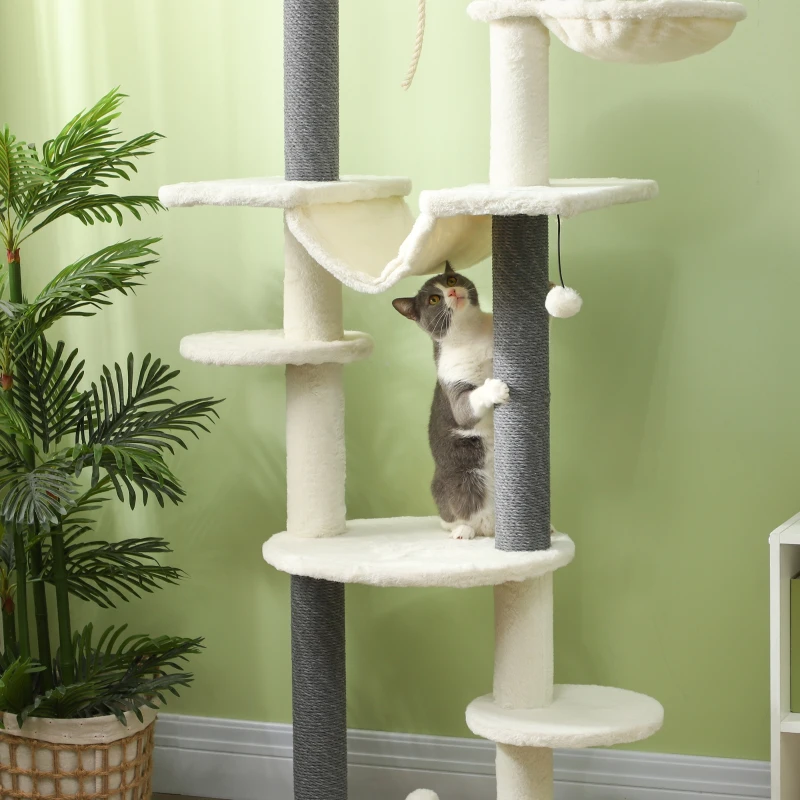 PawHut Arbre à Chat, haut jusqu'au plafond, ajustable 225-255 cm, Plateformes & Hamacs, Dispositif anti-basculement, Blanc