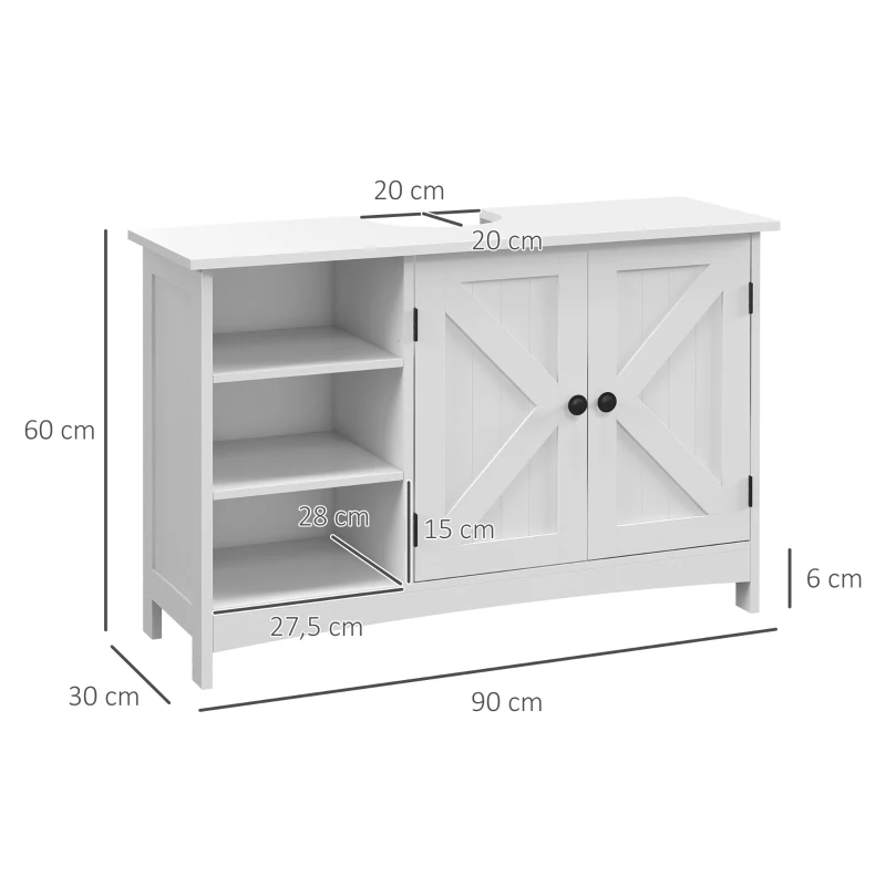 kleankin Badezimmer-Unter-Waschtisch-Möbel, klassischer Stil, 2-Türen-Schrank, höhenverstellbare Regale, 90 x 30 x 60 cm, weiß