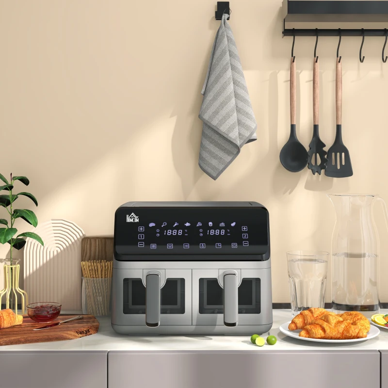 HOMCOM Heißluft Fritteuse ohne Öl Air Fryer Doppelbehälter 8L 2500 W 8 Programme einstellbare Temperatur Timer grau
