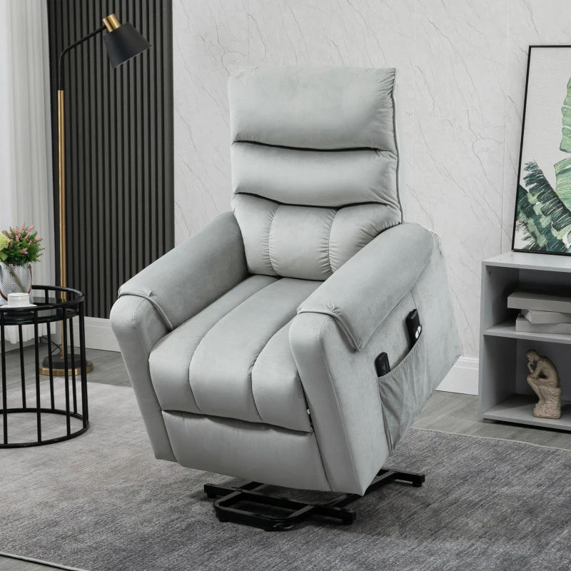 HOMCOM Fauteuil releveur Fauteuil inclinable TV Fauteuil avec fonction inclinable électrique Fauteuil TV en polyester velouté métal mousse Gris clair 79 x 97 x 103 cm