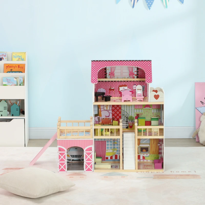 AIYAPLAY Maison de Poupée, 3 Étages, 13 Meubles, Garage, Toboggans & Balcon, 114 x 32 x 92 cm, Rose(m-5)