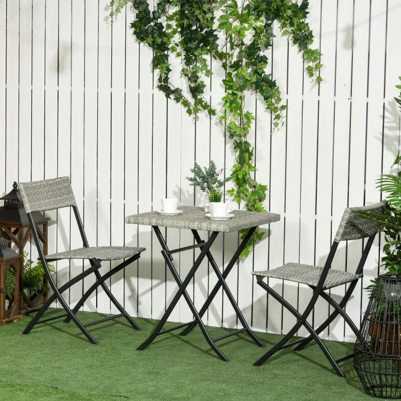Outsunny Ensemble de jardin 3 pièces, 2 chaises pliantes, 1 table pliante, imitation rotin, cadre en métal, gris clair