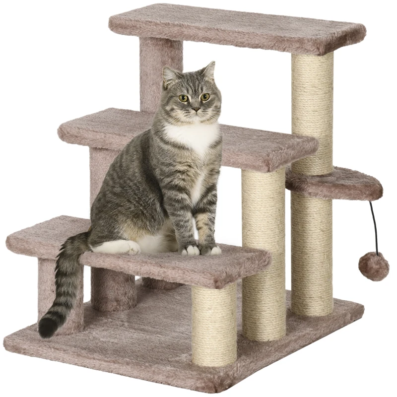 PawHut Arbre à chat, Escalier pour animaux de compagnie, 3 marches, balle de jeu, jusqu'à 5 kg, 45x40x48 cm, Marron