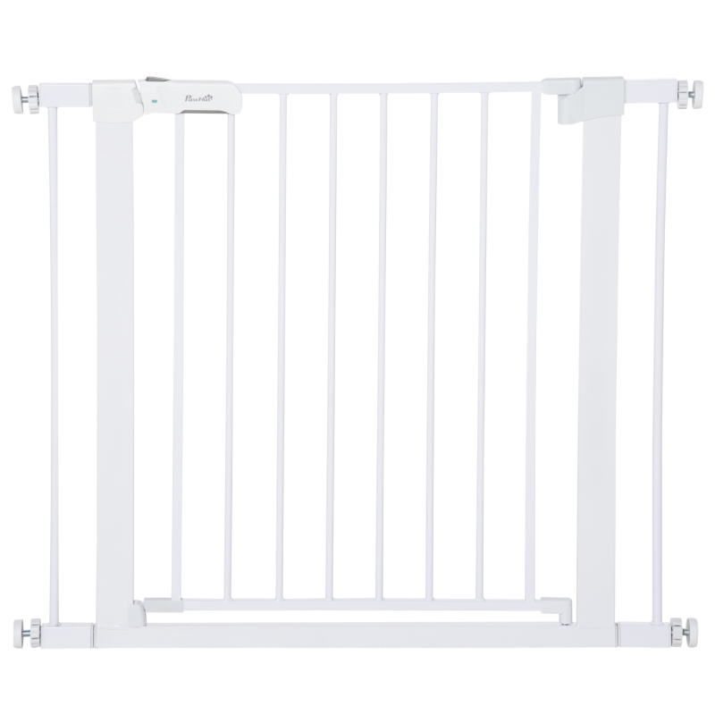 PawHut Barrière de Porte, Installation sans Perçage, Largeur Ajustable de 75-96 cm, Ouverture d'une Seule Main, Métal, Blanc, 76 cm de Hauteur