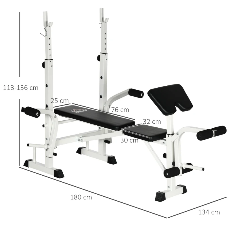 HOMCOM Banc de Musculation avec Support de Barre, Presse pour la Poitrine, Presse pour les Jambes, Accoudoir pour les Biceps Curl, Acier, noir + blanc
