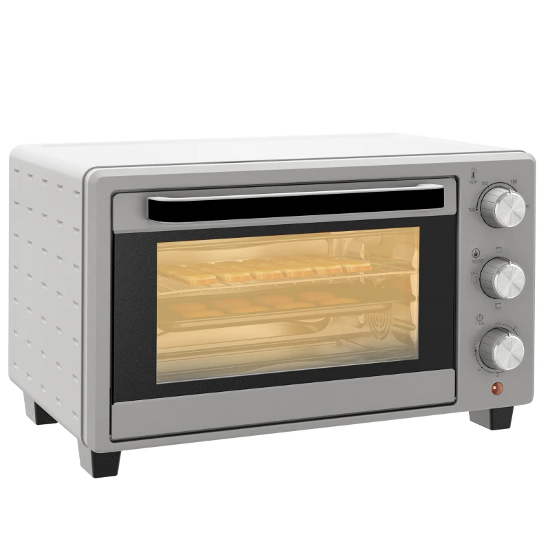 HOMCOM Mini-Four, 21 L Four Grille-Pain avec 1 Grille et 1 Plateau de Cuisson, 3 Modes de Cuisson, 100 °C-230 °C, Acier Inoxydable, Verre, Argent