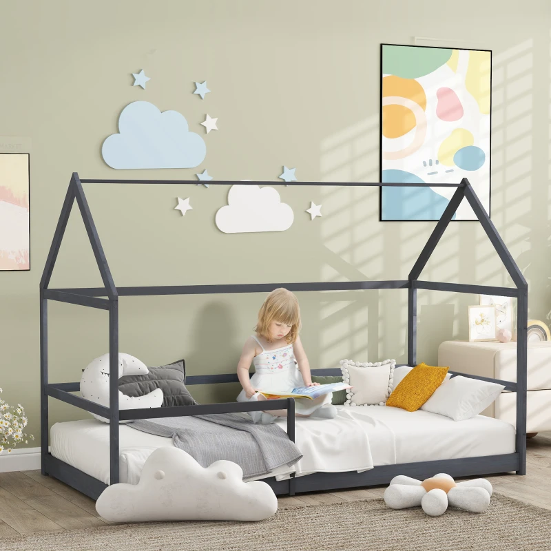 AIYAPLAY Kinderhüttenbett Kinderbett 3-8 Jahre Bettrahmen Sicherheitsgeländer 196L x 97,5B x 135H cm Kiefernholz grau