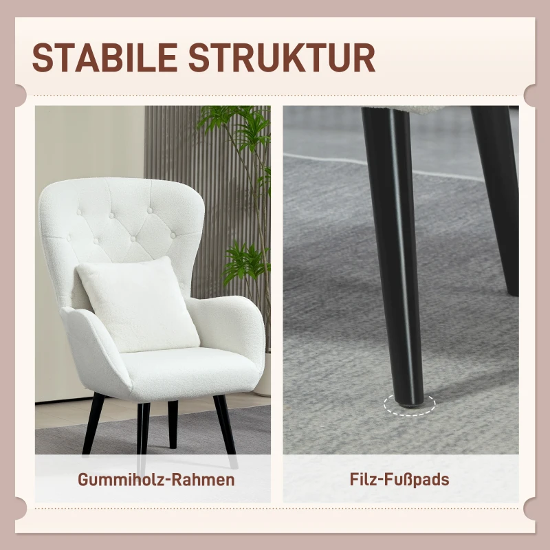 HOMCOM Gestoffeerde Stoel met Ruitstiksel, Bekleding van Teddystof, met Decoratief Kussen, 88 x 75 x 106 cm, Wit