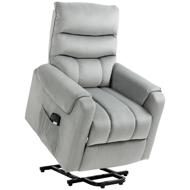 HOMCOM Fauteuil releveur Fauteuil inclinable TV Fauteuil avec fonction inclinable électrique Fauteuil TV en polyester velouté métal mousse Gris clair 79 x 97 x 103 cm