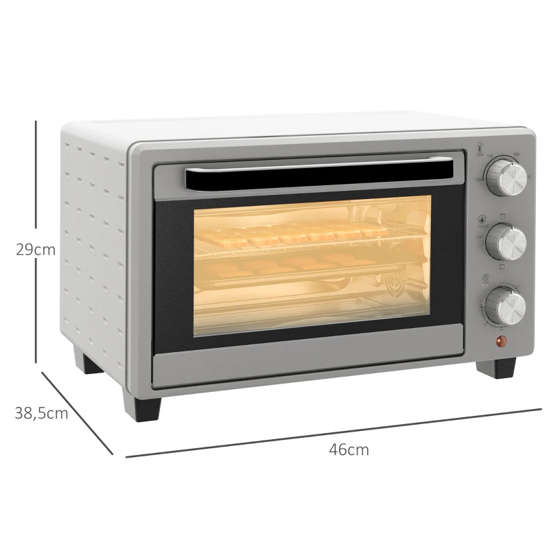 HOMCOM Mini-Four, 21 L Four Grille-Pain avec 1 Grille et 1 Plateau de Cuisson, 3 Modes de Cuisson, 100 °C-230 °C, Acier Inoxydable, Verre, Argent