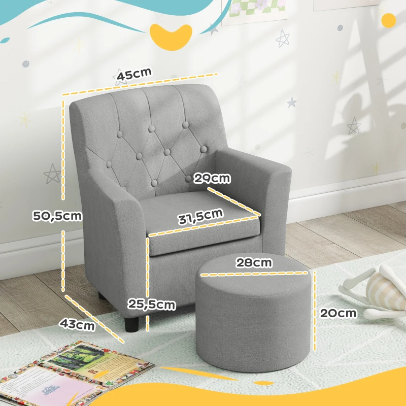 AIYAPLAY Fauteuil pour enfants avec repose-pieds, dossier à motif en losange, siège doux, cadre en bois, gris