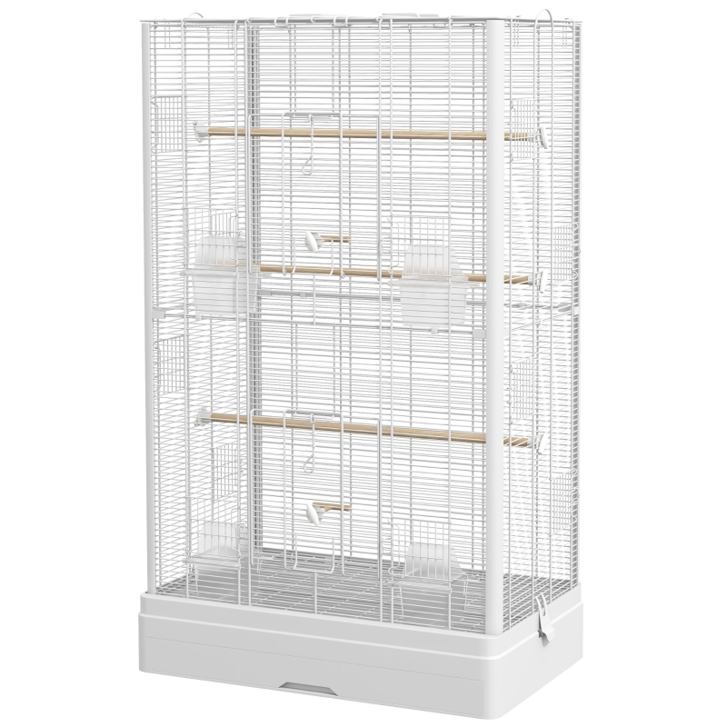 PawHut Vogelkäfig Voliere mit Türen Sitzstangen Käfig für Kanarienvögel Wellensittiche Papageien 61 x 36,5 x 98 cm weiß