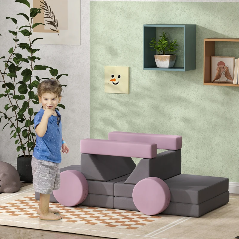 AIYAPLAY Canapé pour Enfants Modulaire, 12 Blocs de Construction Souples avec 6 Formes, Housses Lavables, Gris/Rose