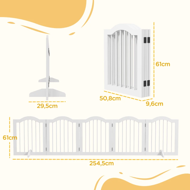 PawHut Barrière de Sécurité pour Chiens, 5 Panneaux, pliable, flexible, bois massif/MDF, 254,5x29,5x61 cm, Blanc