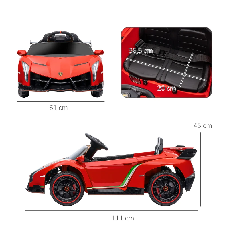 HOMCOM Elektroauto Lamborghini Veneno 12V Lizenz für Kinder mit Flügeltüren Fernbedienung Musik Rot