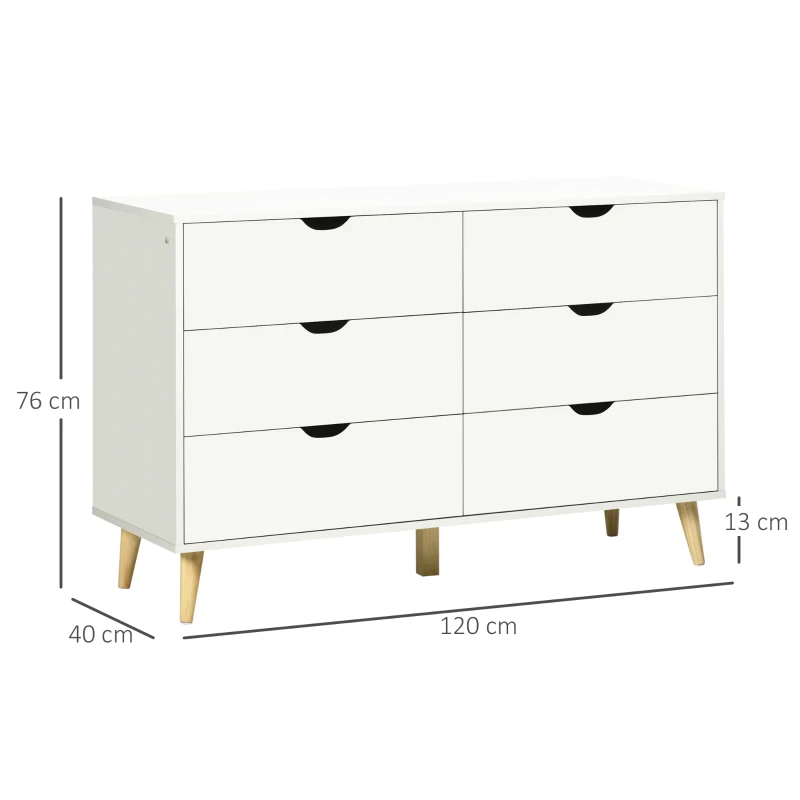 HOMCOM Kommode 6 Schubladen Aufbewahrungsmöbel 5 abgeschrägte Holzbeine 120 x 40 x 76 cm weiß
