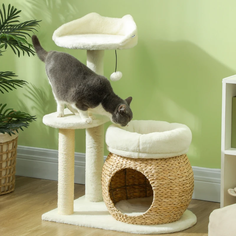 PawHut Arbre à Chat avec Maison, Balles de Jeu et Plateforme, Roseau/Sisal, jusqu'à 10 kg, 60 x 40 x 79 cm, Blanc crème