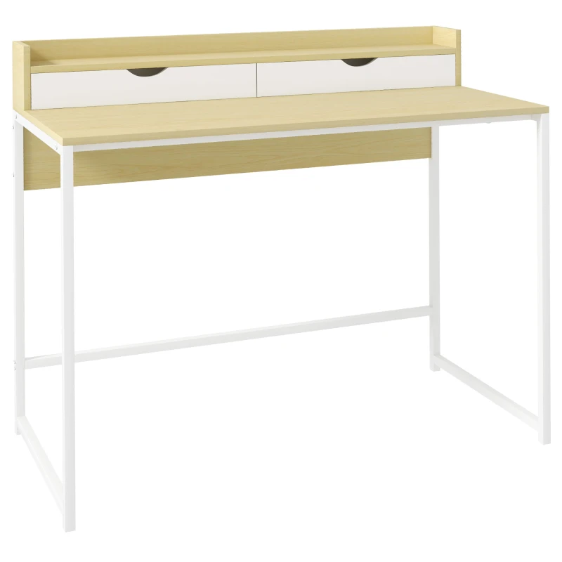 HOMCOM Schreibtisch mit Regal und 2 Schubladen im modernen Stil in Naturholzoptik und weißem Metall - 106L x 50B x 89H cm