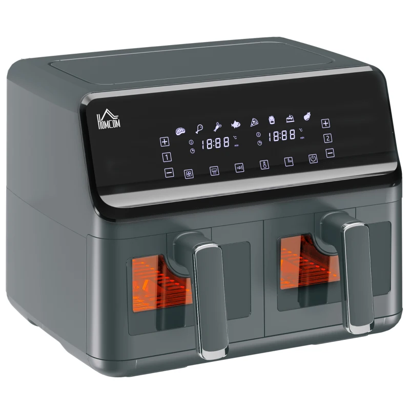 HOMCOM Heißluft Fritteuse ohne Öl Air Fryer Doppelbehälter 8L 2500 W 8 Programme einstellbare Temperatur Timer grau
