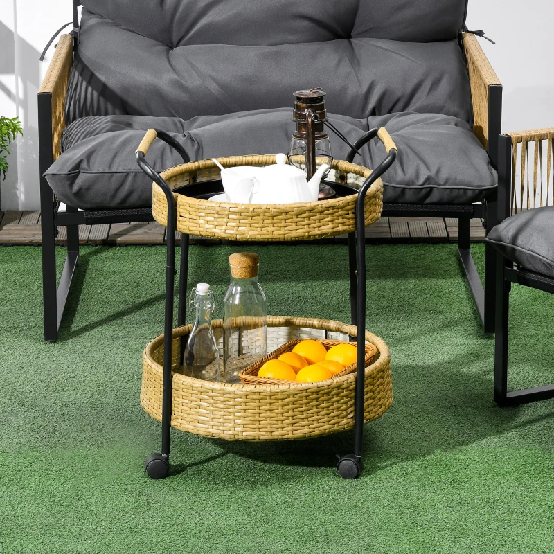 Outsunny Chariot de Service Extérieur, 2 Étages, Freins, Rotin Synthétique, Cadre en Métal, Φ50 x 66H cm, Jaune