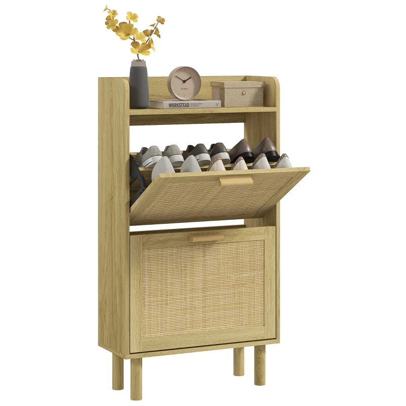 HOMCOM Schuhschrank 2 Schwenktüren Regal geflochtene Rattan-Optik Bohème Design - Maße 80L x 24,5B x 110H cm
