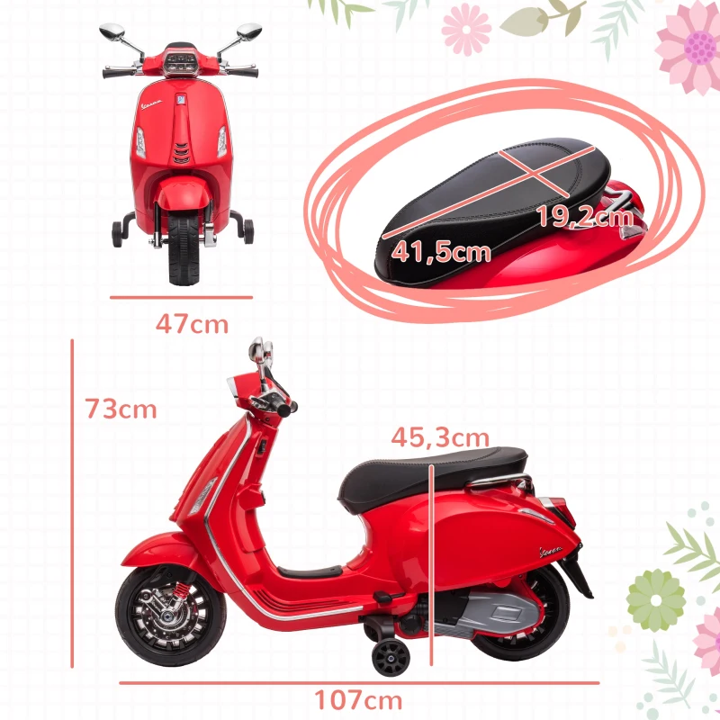 AIYAPLAY Moto Électrique pour Enfants, Vespa, Musique & Phares, 107x47x73 cm, Rouge
