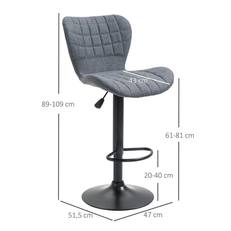 HOMCOM Set aus 2 Barhockern Design Gebogener geknöpfter Rücken Verstellbare Sitzhöhe 61-81 cm 360° drehbar Fußstütze Polyester-Samt Grau