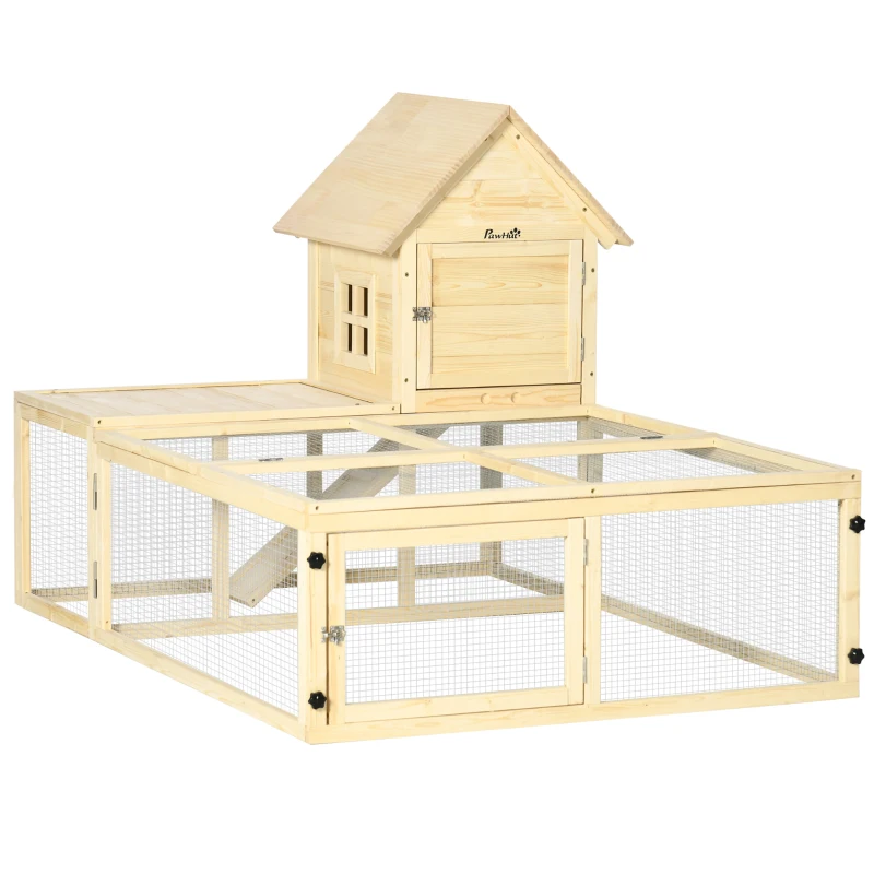 PawHut Kaninchenstall Villa aus Holz mit Laufstrecke, Rampe und verschließbaren Türen