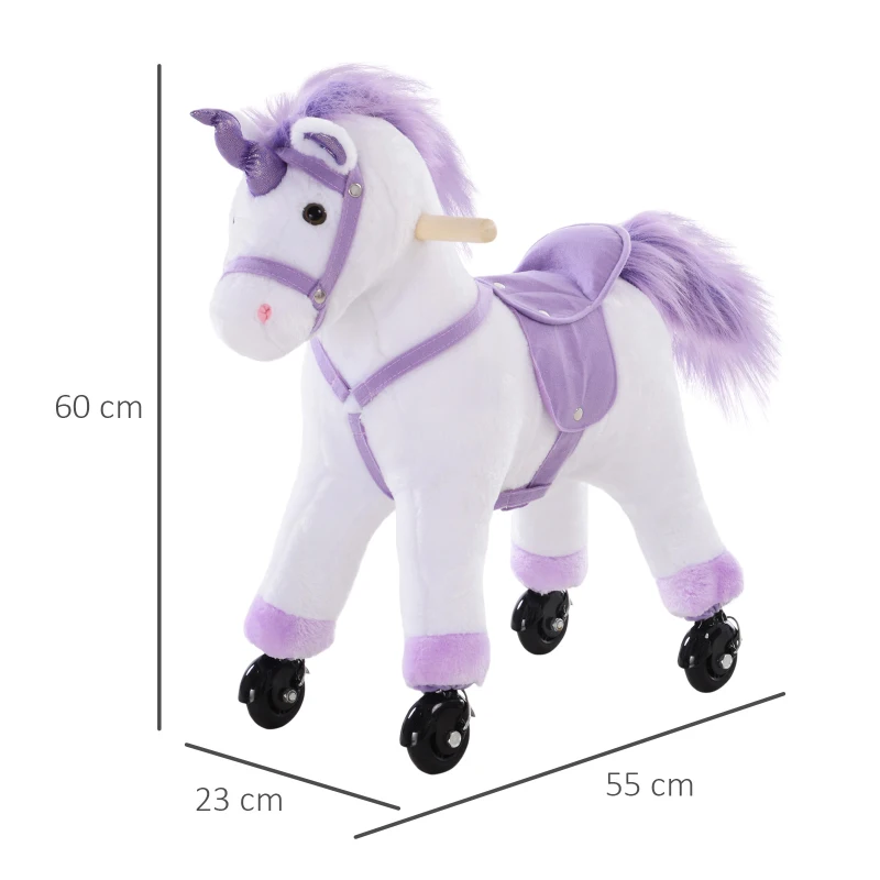 HOMCOM Cheval à bascule à roulettes Licorne en peluche violette 55 x 23 x 60 cm(m-3)