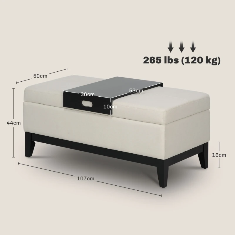 HOMCOM Pouf avec Espace de Rangement, Plateau, Cadre en Bois d'eucalyptus, jusqu'à 120 kg, 107 x 50 x 44 cm, Crème/Noir