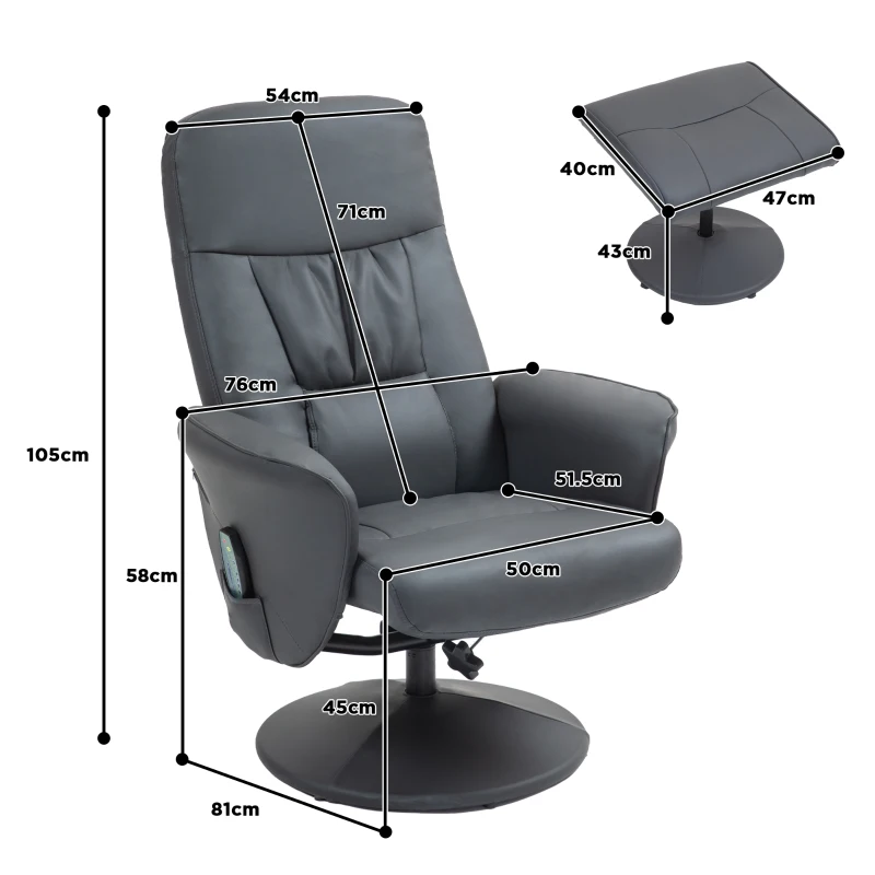 HOMCOM Fauteuil de massage avec repose-pieds, Chaise ergonomique avec 10 points de vibrations, Simili cuir, 76 x 81 x 105 cm, Gris foncé