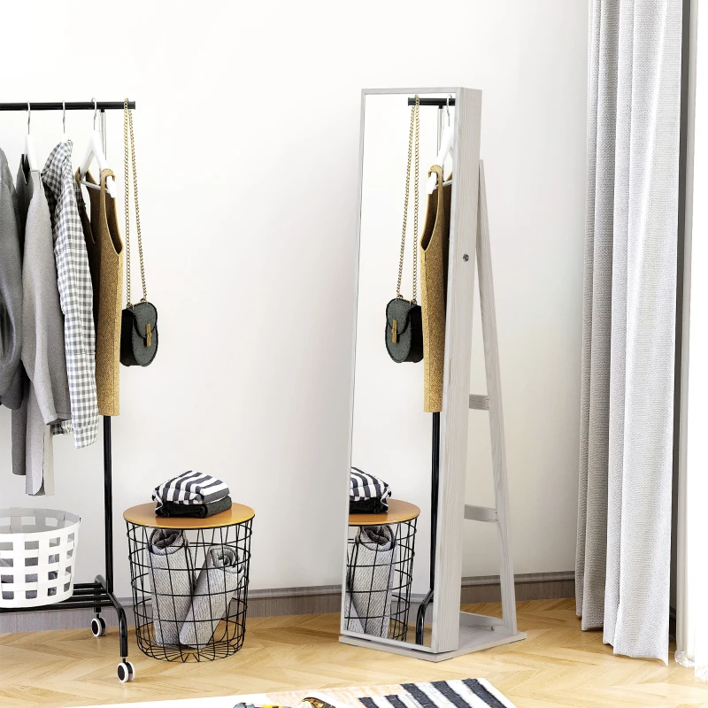 HOMCOM Schmuckschrank mit Spiegel auf Fußständer, mehrere Aufbewahrungsmöglichkeiten und LED-Beleuchtung Weiß, Maße: 38B x 38T x H157 cm