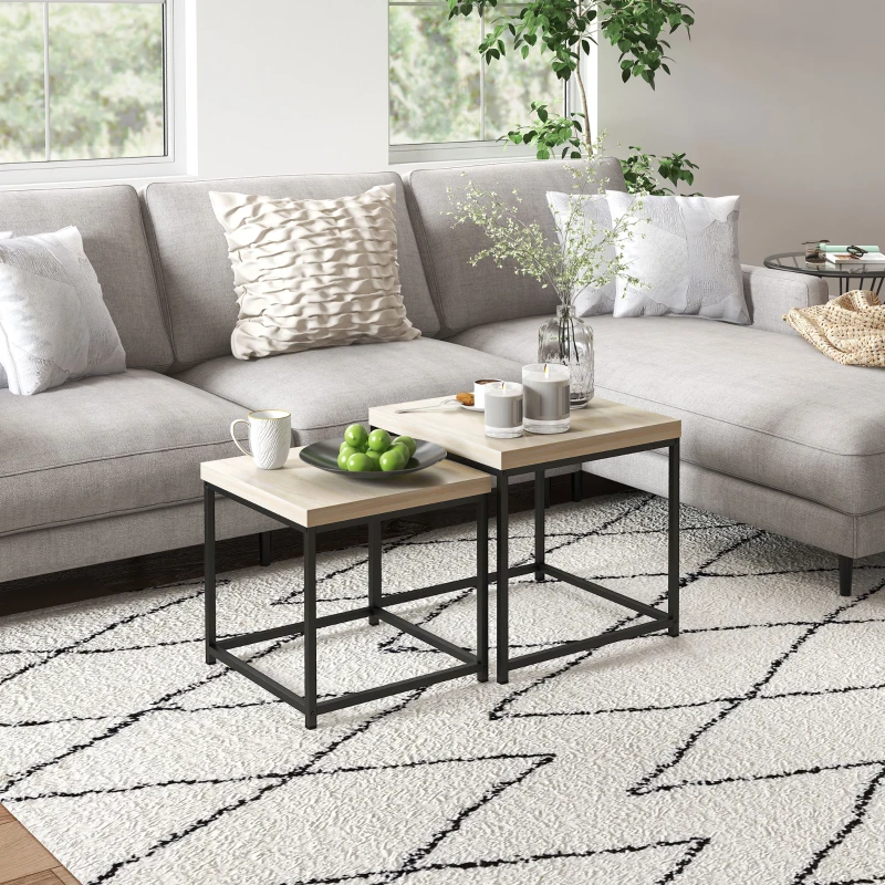 HOMCOM Set aus 2 ineinander stapelbaren Couchtischen quadratische Beistelltische Wohnzimmertische mit Stahlrahmen und Holzspanplatten