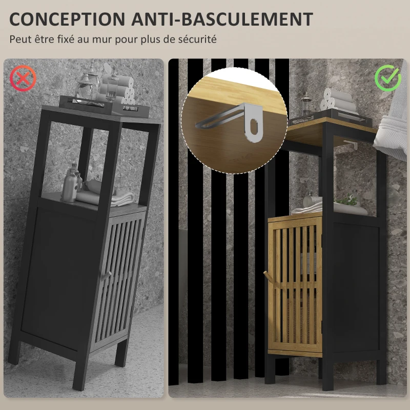 HOMCOM Badezimmerschrank aus Bambus mit 1 Tür und offener Nische 32 x 30 x 90,5 cm, Schwarz und Holz