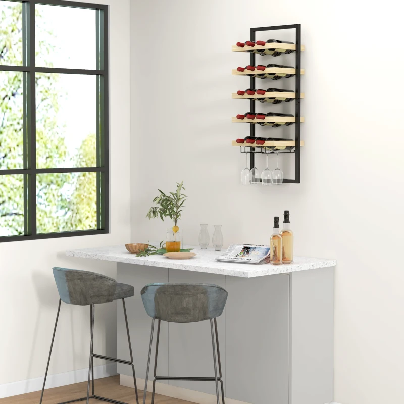 HOMCOM Weinregal Flaschenregal 5 Ebenen für 15 Flaschen 4 Gläser 35 x 25 x 86 cm Kiefernholz Naturholz-Finish