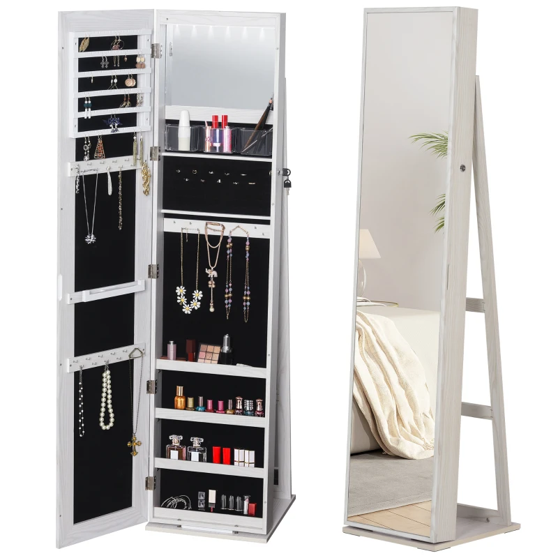HOMCOM Schmuckschrank mit Spiegel auf Fußständer, mehrere Aufbewahrungsmöglichkeiten und LED-Beleuchtung Weiß, Maße: 38B x 38T x H157 cm