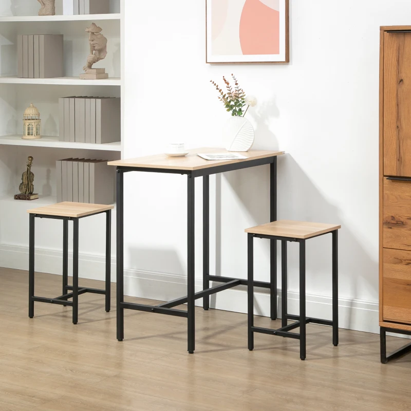 HOMCOM Ensemble de table de bar au design industriel, 3 pièces, 1 table, 2 tabourets, noir + bois naturel
