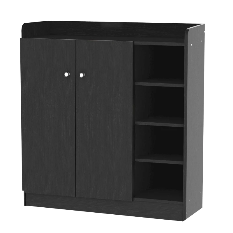 HOMCOM Schuhschrank für den Eingangsbereich - Schuhschrank mit 4 offenen Fächern und doppelter Schranktür - verstellbares Regal - 83L x 30B x 90H cm - Schwarz